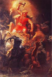 Скандинавская мифология: бог Тор верхом на своей колеснице